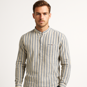 Men’s Striped Cotton Linen Mandarin Shirt